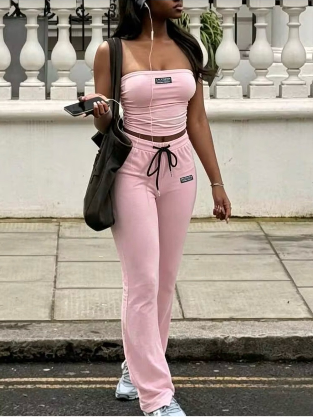 Y2K baddie pink bandeau crop top flare pants set